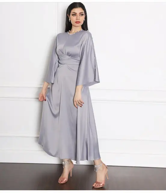 Muslim Soft Silk Satin Dress Abaya Jalabiya Grey Lantern Hijab Bandage Fall Africa Dashiki Eid Ramadan Islamic Prayer Turkish 2