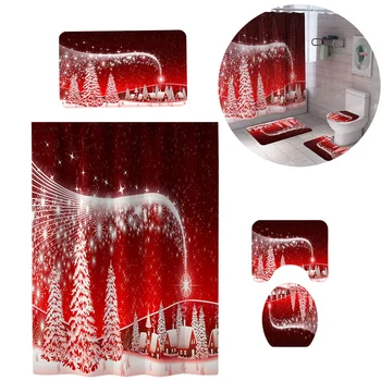 

4 in 1 Christmas Scene Pattern Bathroom Pads Curtain Set Anti-slip Washroom Carpets Mat Waterproof Shower Curtain Toilet Seat Li
