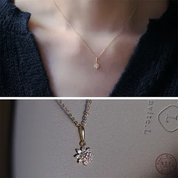 925 Sterling Silver Pavé Crystals Plated 14k Gold Simple Sun Flower Pendant Necklace Women Exquisite Jewelry Accessories