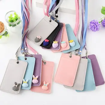 

1pc Leather Card Holder Neck Strap with Lanyard Badge Holder Staff Identification Card Bus ID Holders Kawaii Stationary Gifts