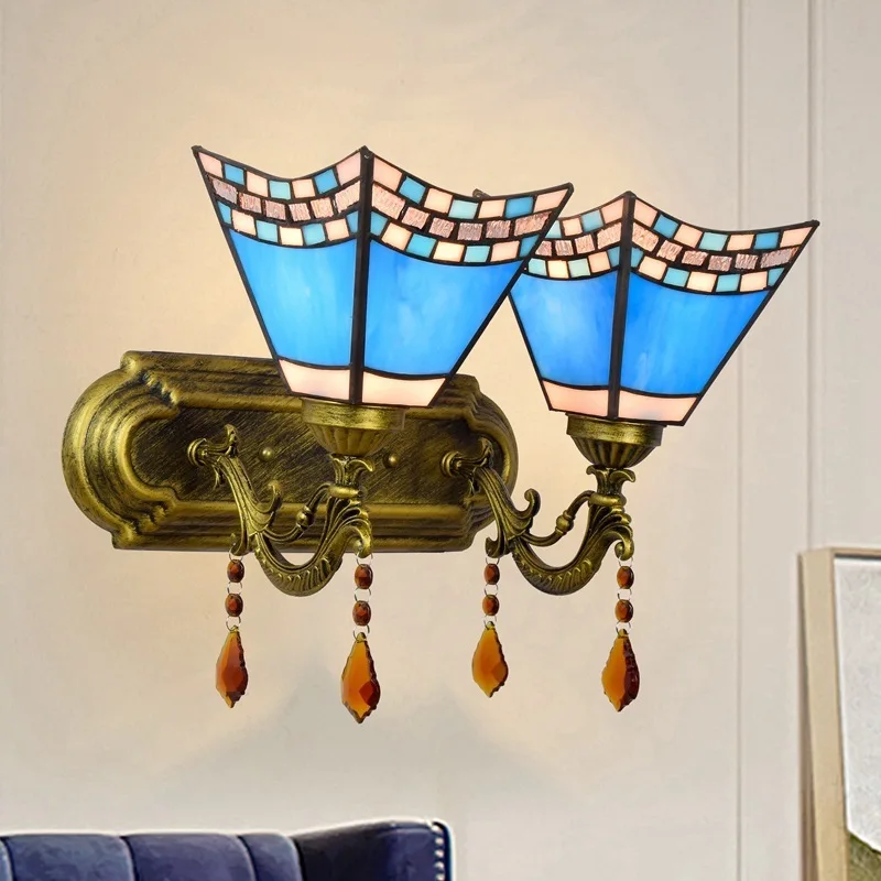 

European Mediterranean blue bedroom bedside wall lamp color retro garden home furnishing Hotel double head crystal lamp