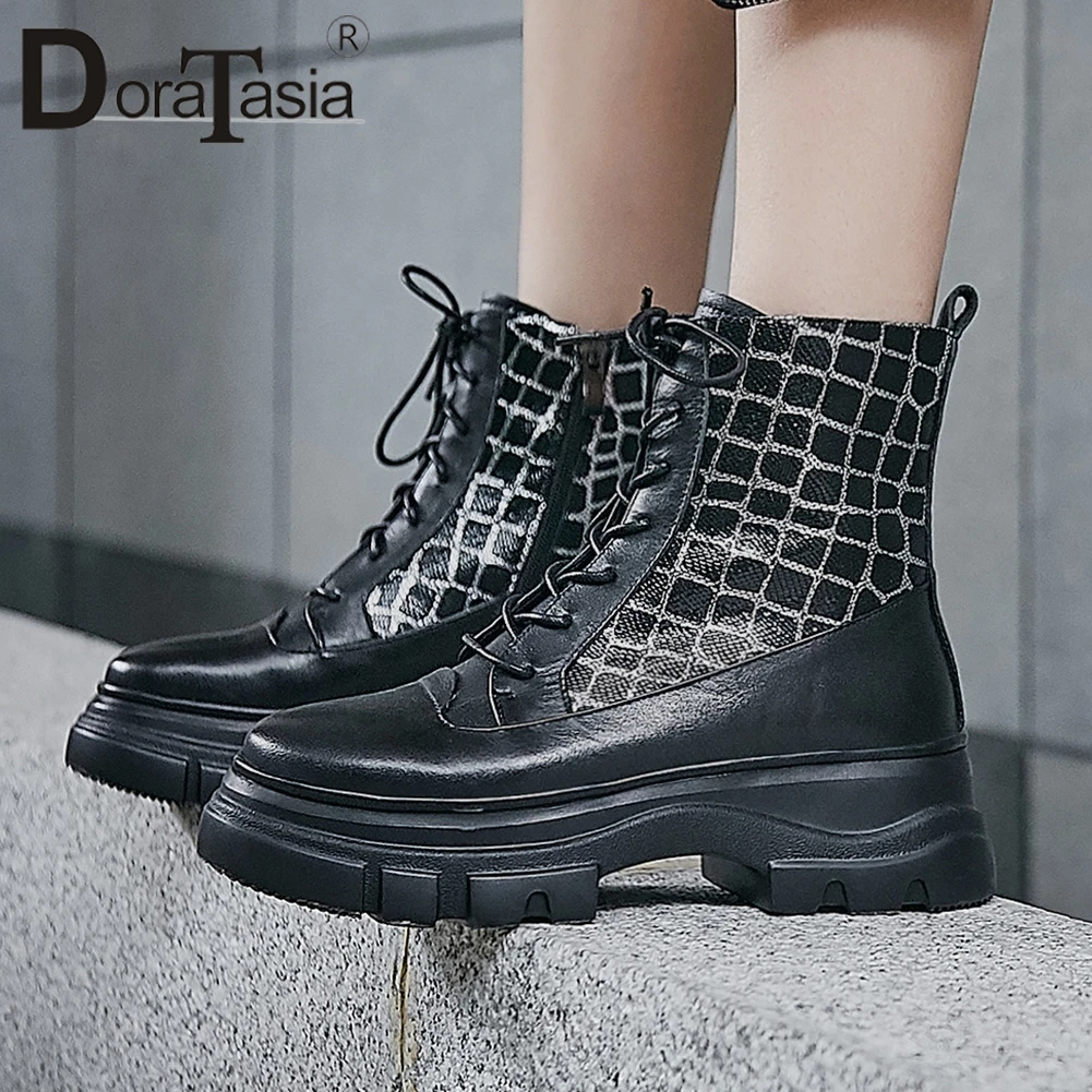 

DORATASIA New Girls High Platform Booties Ladies Genuine Leather Ankle Boots Women 2019 Fretwork Wedges High Shoes Woman