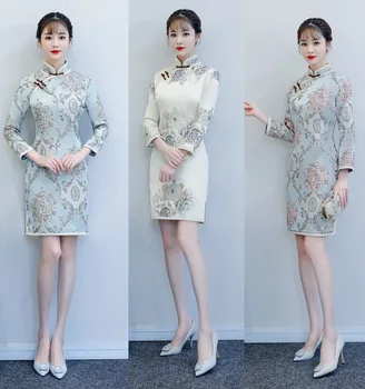 

FZSLCYIYI Girls Fashion Jacquard Double layer Cheongsam Small Fresh and Improved Nine points sleeve Daily Cheongsam Dress