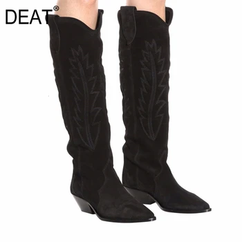 

[DEAT] 2019 Pointed Toe Cowhide Personality Velvet Embroider Women High Heels Long Tube Boots New Autumn Winter Fashion 10F095