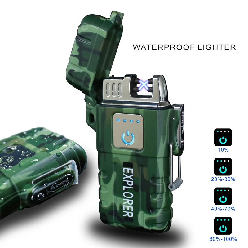 

USB Charging Touch Sensor Switch Outdoor Camping Sports Waterproof Lighter Shows Battery Pulse Plasma Double Arc Cigar Lighter