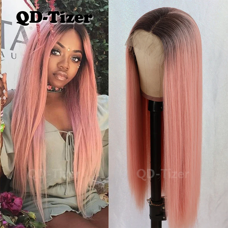 QD Tizer # 1b/Розовый Ombre длинные кружевные парики прямые Glueless термостойкие