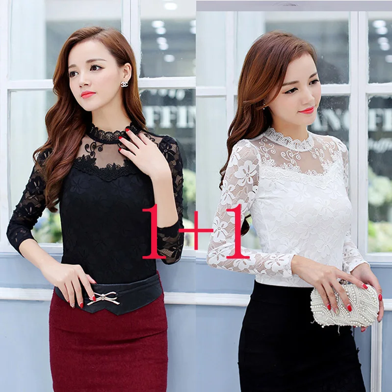 Black-White Femininas Blusas, женские блузки, весна-осень, модные сексуальные облегающие Рубашки, Топы, кружевные, с длинным рукавом, с круглым вырезом, для отдыха, черные/белые S-5XL - Цвет: Black-White