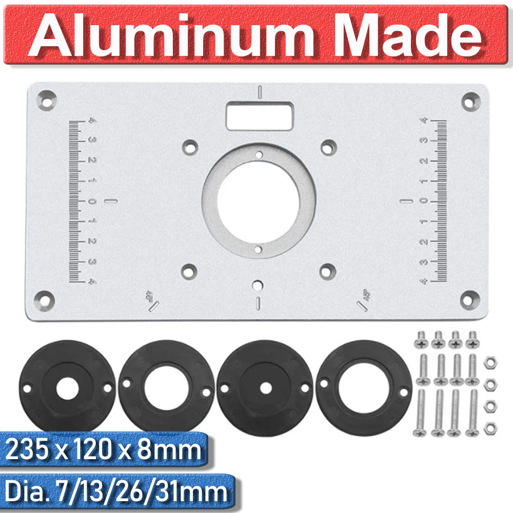 

1 Set Aluminum 235 x 120 x 8mm For Woodworking Benches With 4 Rings Trimmer Plate Router Insert Plate Table Ring Universal DIY