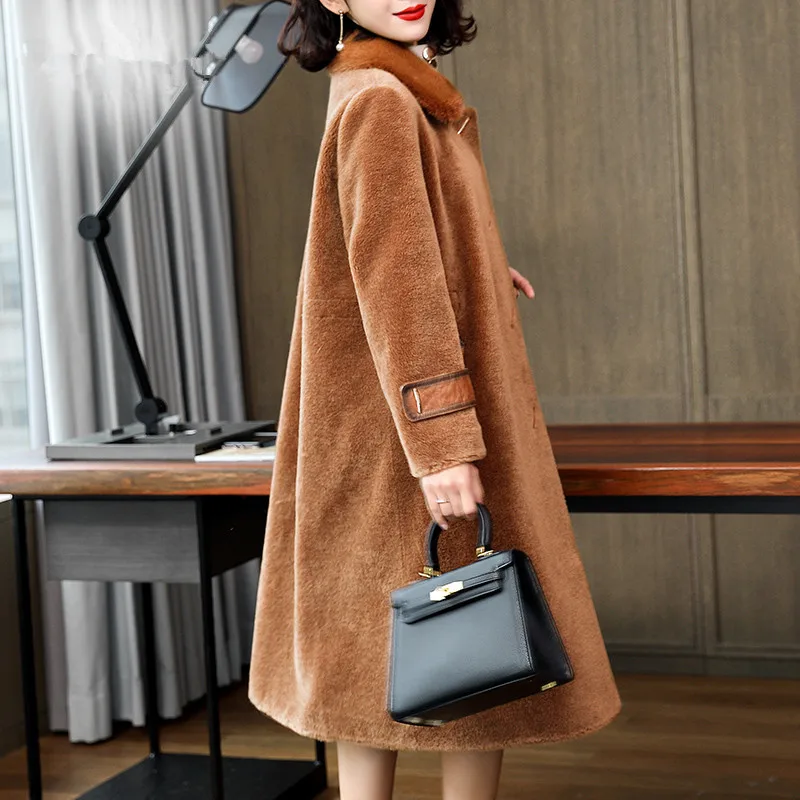 

2020 Winter Coat Women Real Fur Coat Female Sheep Shearling Jacket Mink Fur Collar 300% Wool Coats Korean Outwear MY4433