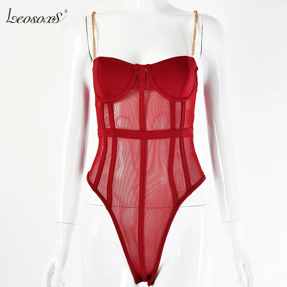 2020 New Deep V Neck Lace Bodysuit Women Fashion Black/Red Sexy Bodysuit Ladies Body Female Mesh Bodysuit Overalls
