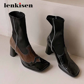 

Lenkisen new sock boots genuine leather mixed colors classic square toe high strange heel slip on pretty girl mid-calf boots L25