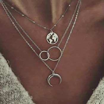 

Personalized Women Necklace Layered Map Female Necklace Circle Silver Color Necklace Punk Style Girl Party Wear Gift Jewelry