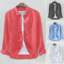 

Newest Trendy Men's Solid Color Lapel Button Long-Sleeved Shirt Casual Tops Cardigan Cotton And Linen Blends