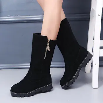 

Plus Size 33-56 Nice Pop Mid Calf Boots Women Winter Casual Basic Fur Inside Shoes Woman Flat Heels Female Feather Zipper Boot