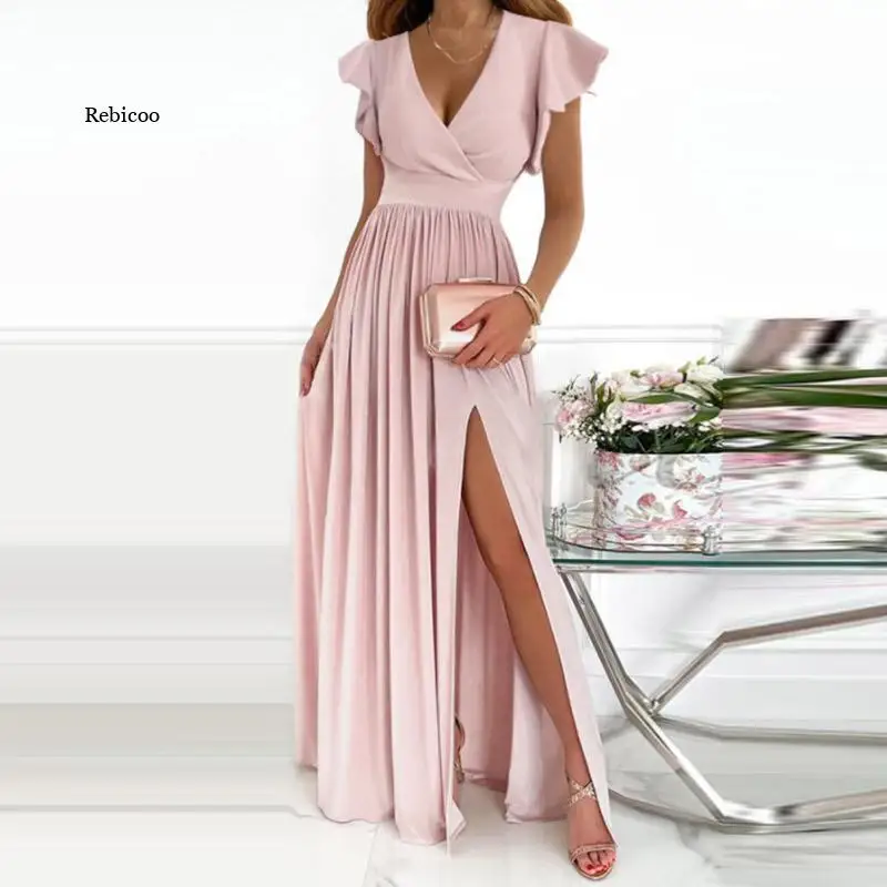 

Sexy Deep V Neck High Split Ladies Slim Dress Elegant Women Butterfly Sleeve Solid Party Dress Holiday Casual Vestidos