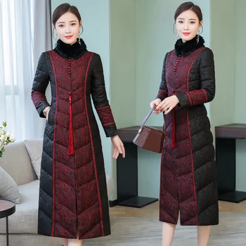

Chinese Style Women Vintage Slim Lace Patchwork Printed Warm Padded Long Parka Coat , Woman Clothes 3xl Tassel Parkas Coats