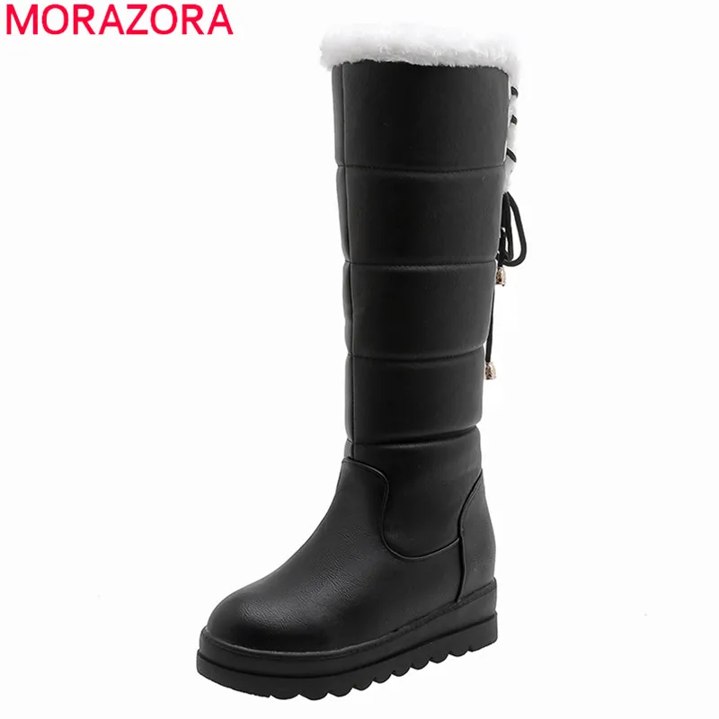 MORAZORA/ г. Большие размеры 33-43, теплые зимние сапоги удобная женская обувь на плоской подошве с круглым носком на платформе сапоги до колена, 3 цвета