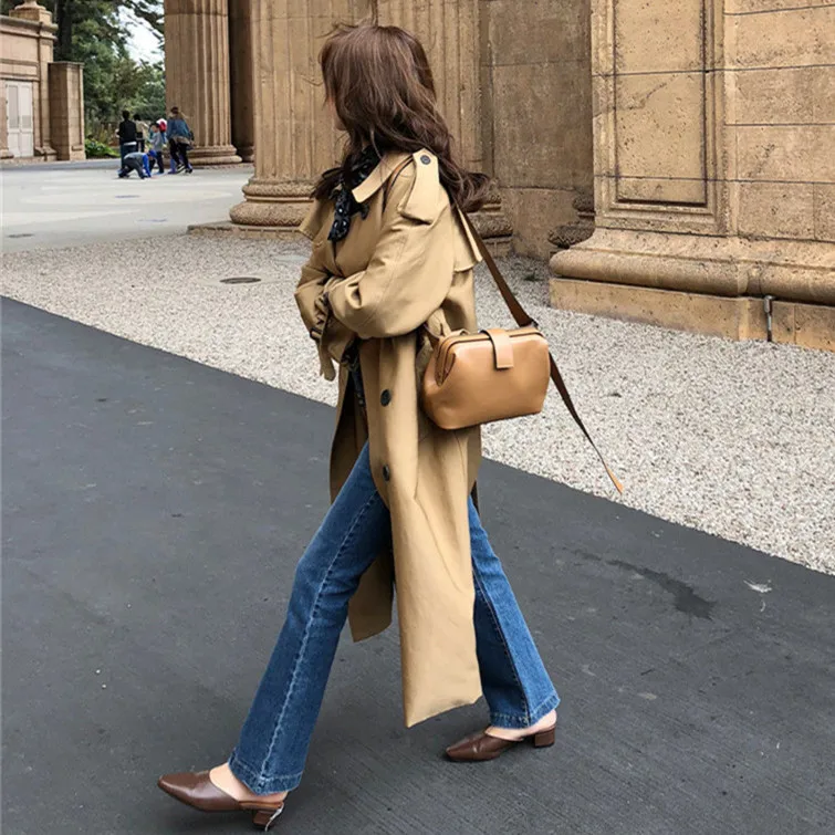

South Korea Dongdaemun Workwear Slit Long Trench Coat Women's 2019 Autumn New Double Breasted Large Lapel Belt Trench Coat
