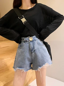 

Women's Demin Shorts Female New High Waist Thin Korean Style Pockets Loose Wide Leg Pants A Line Shorts 2020 Summer