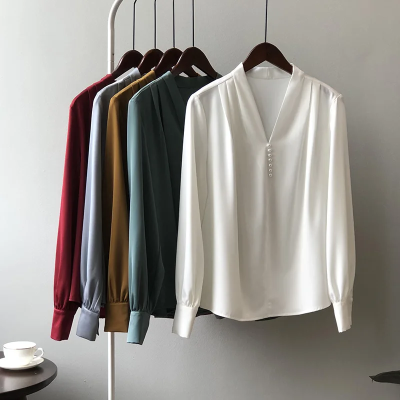 

2021 Ins New Fashion Women V-neck Blouse Long Sleeve Women Tops Outwear Lady Blouse #6087
