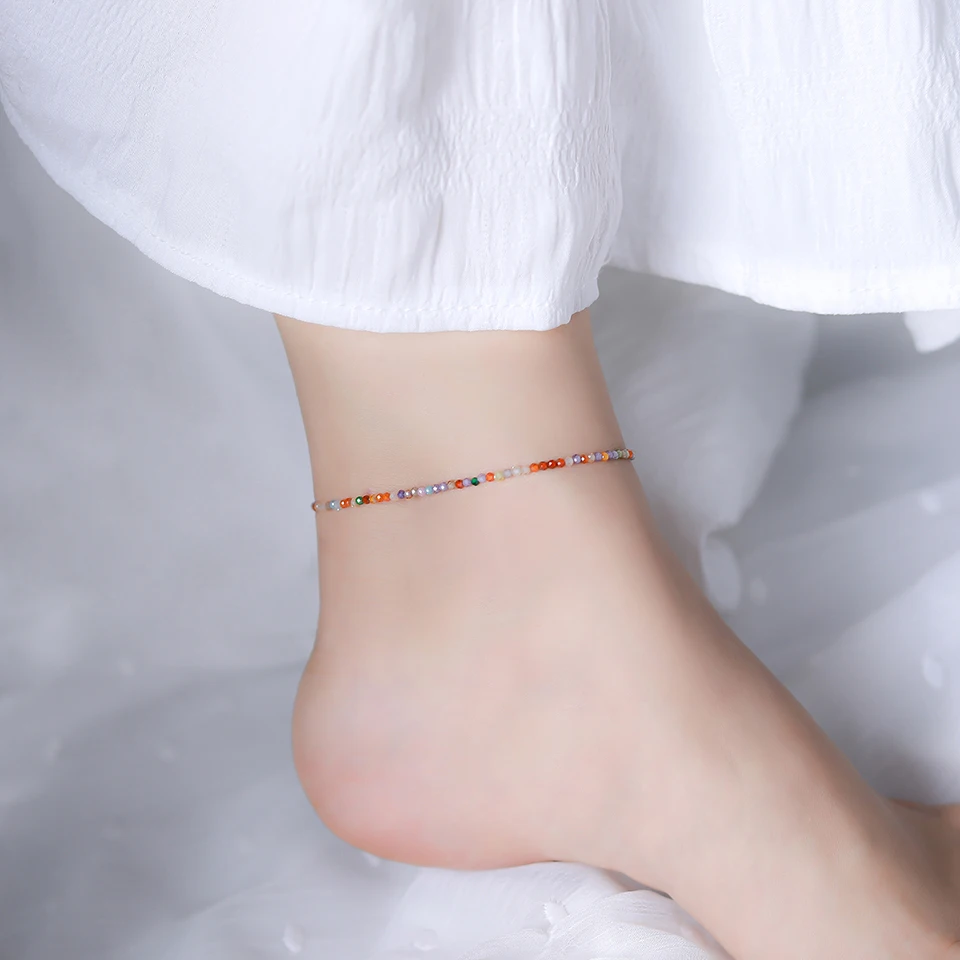 Stone Bead Bracelet Natural Stone Beads Bracelet on Hand Chain 2MM with 925 Sterling Silver Bangle For Women