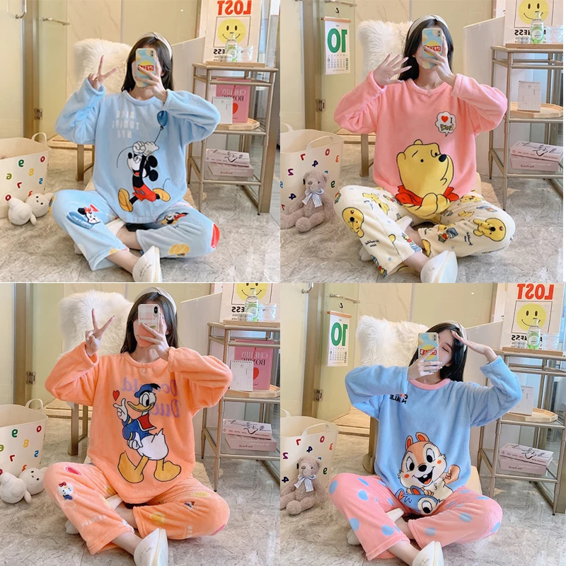 Pajamas Women Mickey Donald Duck Cute Thickened Flannel Winter Cartoon Long-Sleeved Home Service Suit