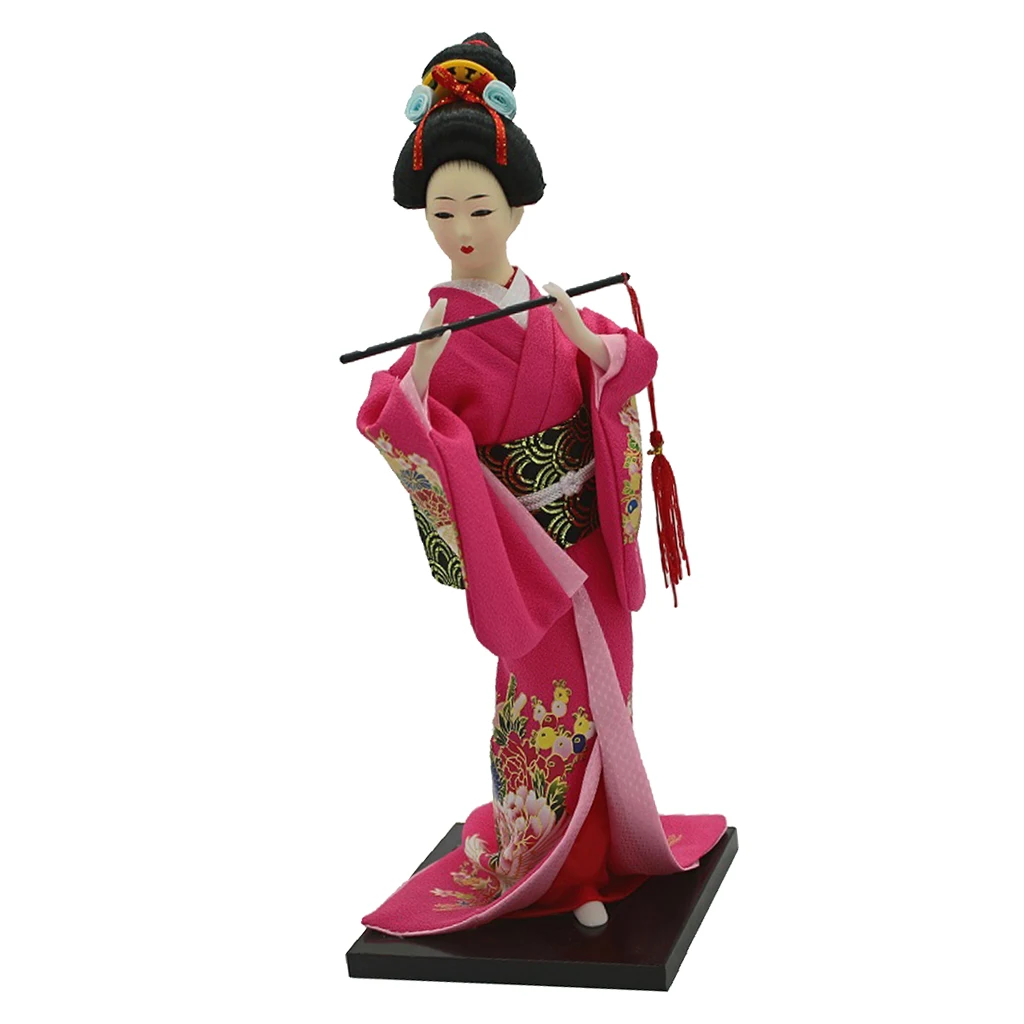 12inch Ancient Japanese Lady Figurine Geisha Doll In Rose Red Kimono W/ Fan