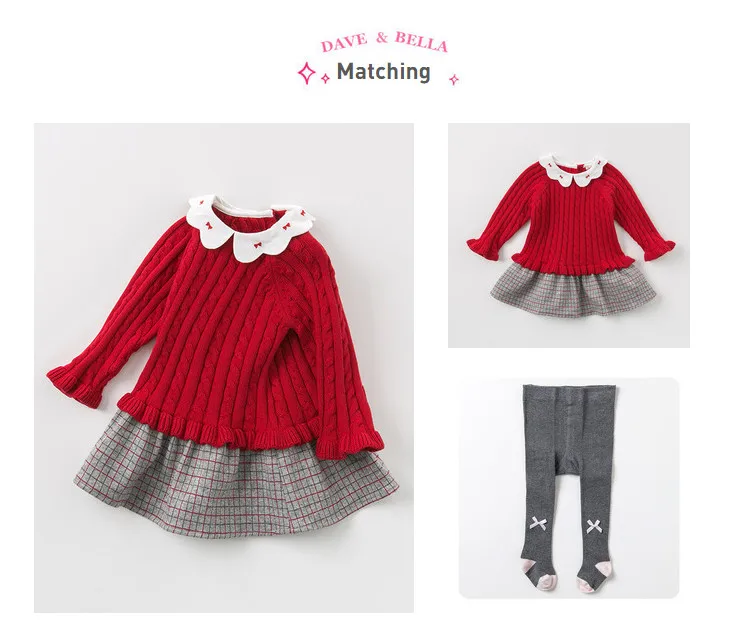 DBZ11941 dave bella/осенне-зимнее платье-свитер принцессы в клетку для маленьких девочек детское праздничное платье детская одежда в стиле «лолита»