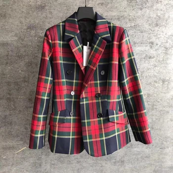 

Cosmicchic 2109 Autumn Winter Women Red Plaid Wool Blazer Double Breasted Vintage Runway Design Blazer Coat Lady Office Outwear