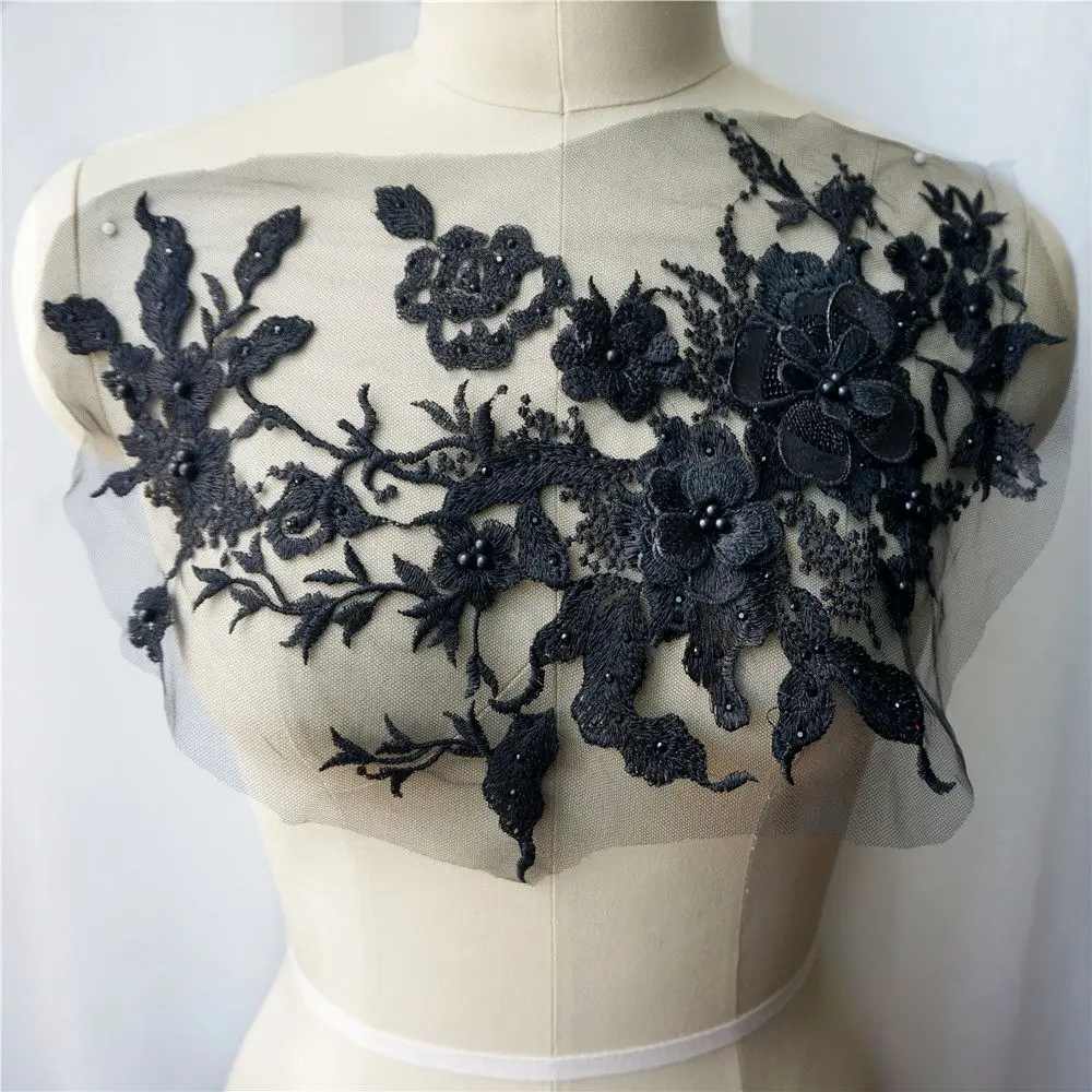 

33CM Black Embroidered Flowers Rhinestone Appliques Sew On Patch Pearls Lace Trims Mesh Wedding For Bride Evening Dress DIY