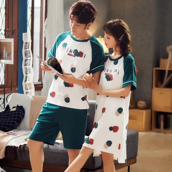 

Couple's sleep wear soft thin knitted cotton plus size short sleeve t-shirt and shorts sport women's pajama set men's home wear