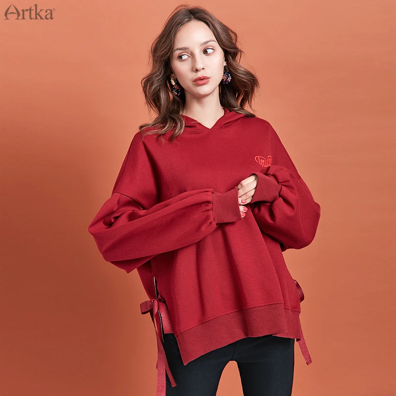 

ARTKA 2019 Autumn New Women Hoodies Letter Embroidered Fashion Lace-up Design Hoodies Casual Pullover Hooded Sweatshirt VA10791Q