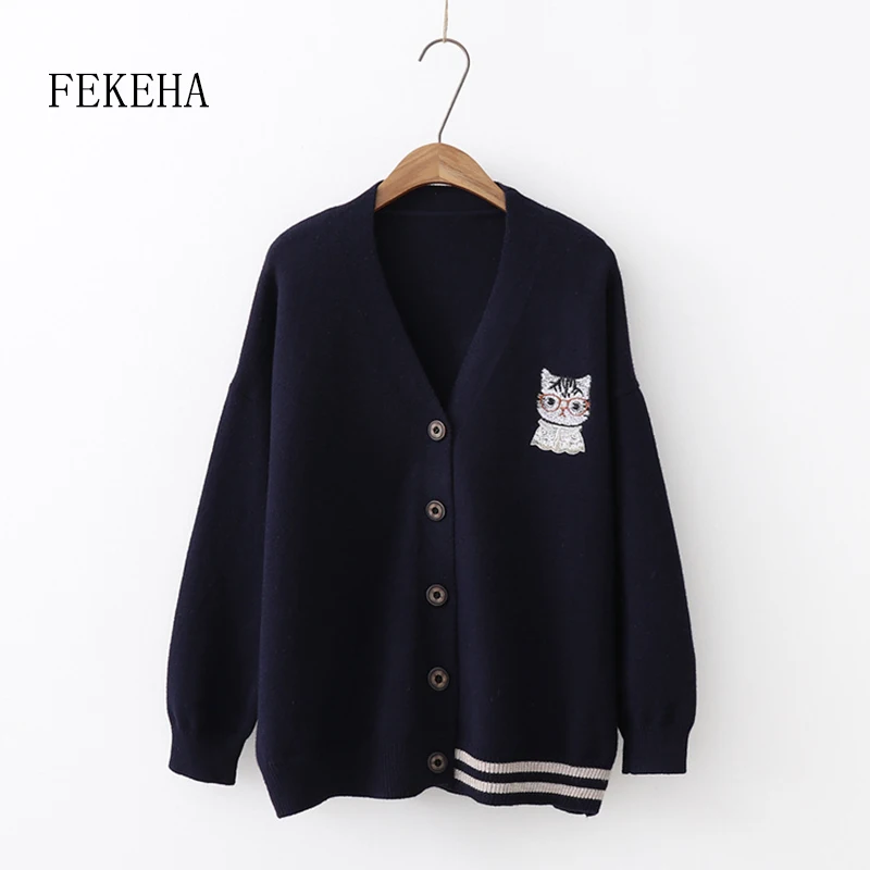 Knitting Cardigan Sweater Women Autumn Winter Warm Clothes Knitted Jumper Cat Embroidery Casual Loose Lady Outwear |