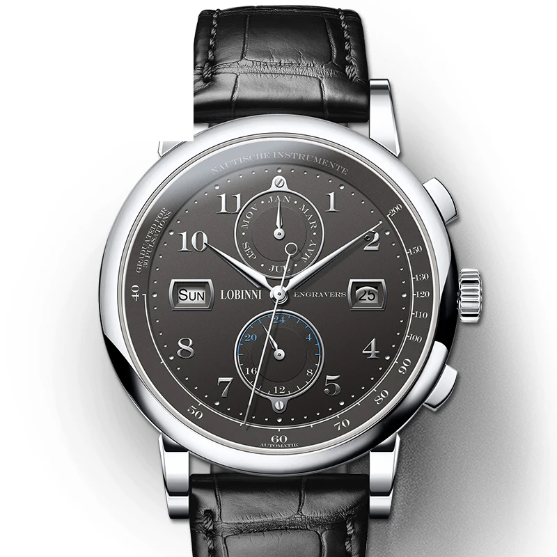 LOBINNI, мужские часы, швейцарские, люксовый бренд, автоматические механические, мужские наручные часы с сапфировым кожаным ремешком, relogio L16001 - Цвет: Black