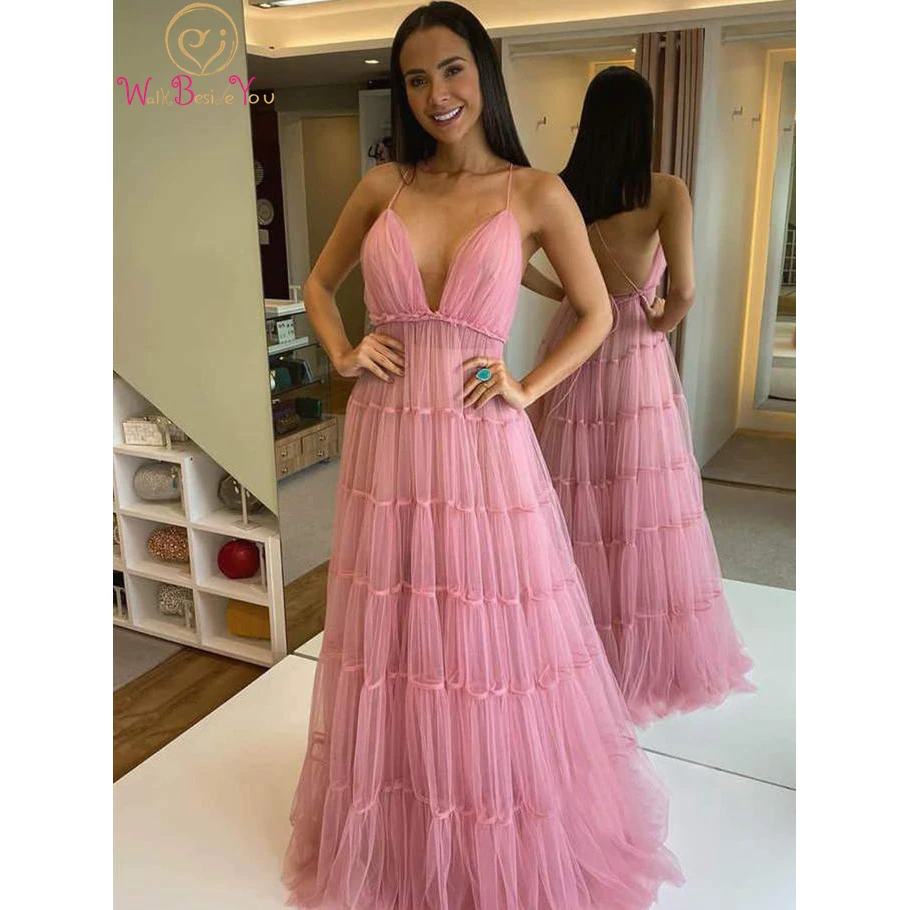 

Walk Beside You Pink Tulle Prom Dresses Spaghetti Strap Cross Back V Neck Backless A Line Evening Party Gowns Long Women Formal