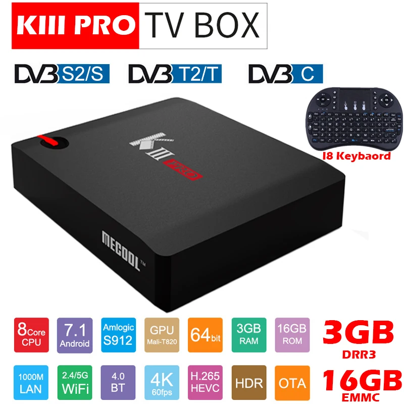 KIII PRO I8 Keyboard MECOOL KIII PRO DVB-S2 DVB-T2 Android 7,1 tv Box 3 Гб 16 Гб Amlogic S912 Восьмиядерный 4K Combo CCCAM NEWCAMD Biss key PowerVU - Цвет: KIII PRO I8 Keyboard