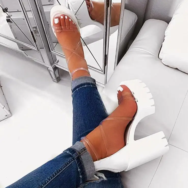 

Women Sandals Plus Size 35-41 Transparent PVC High Heels Shoes Woman Star Style Ankle Strap Gladiator Sandals Women Shoes