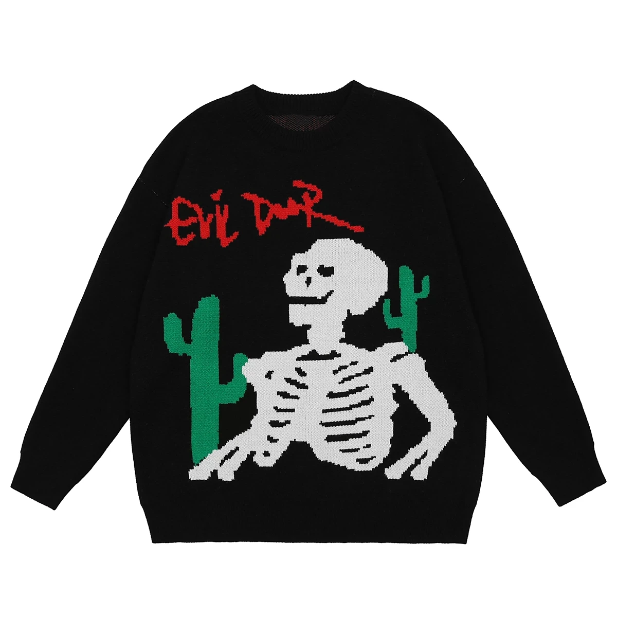 FGKKS Men Oversized Sweater Black Loose Cactus Skeleton Bone Printed High Quality High Street Vintage Knitted Pullover Sweater vintage sweaters mens Sweaters