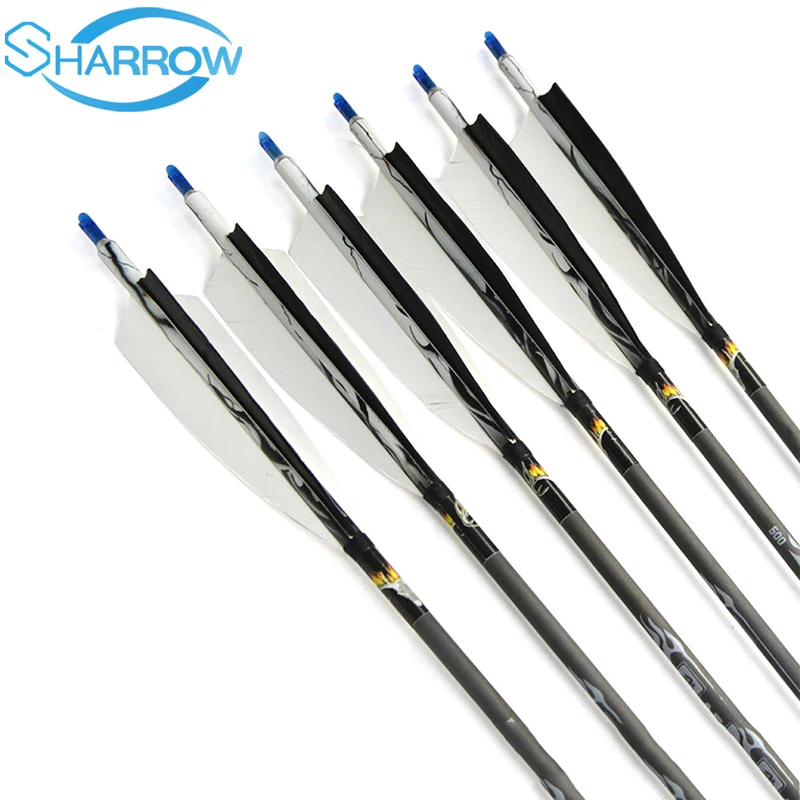 

6/12Pcs Pure Carbon Arrow 31Inches Length OD 7.5mm with Black and White Feather for Bow and Arrow Archery Hunting Shooting