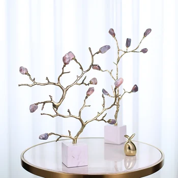 

Luxurious Golden Blooming Gem Tree Statues Sculptures White Marble Decor Crafts Gifts Figurines Desktop Home Decor Accessories