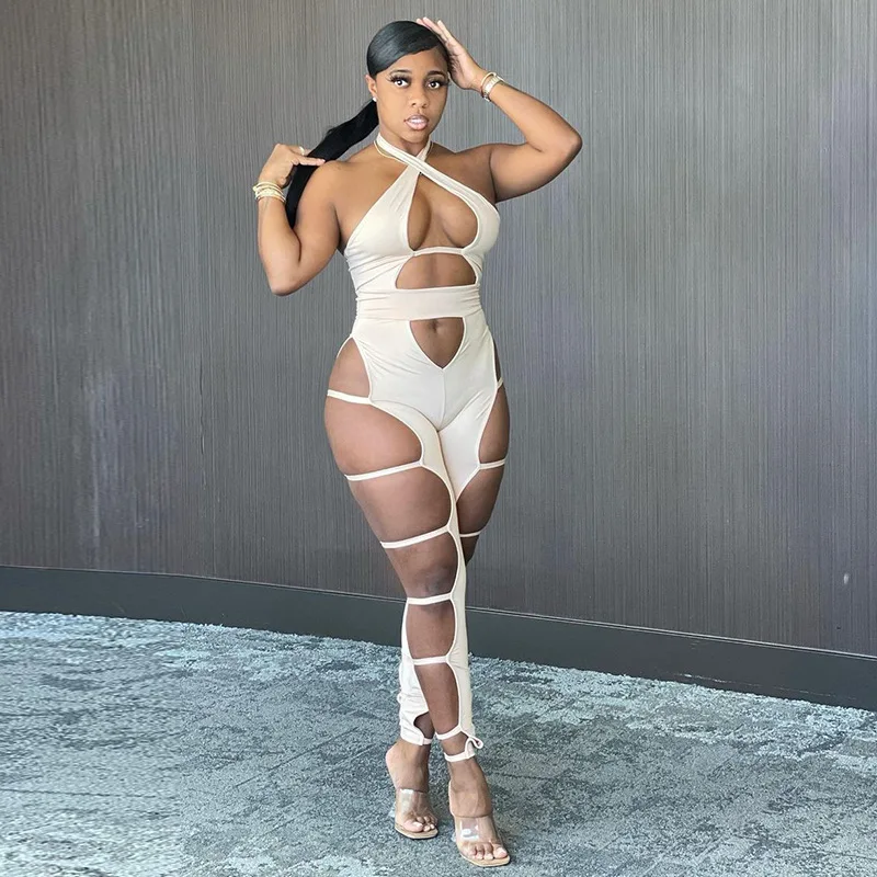 

Casual Women Hollow Out Halter Jumpsuits Solid Sexy Femmal Clothing Fashion Party Club Streetwear 2021 Spring Summer 1 Piece
