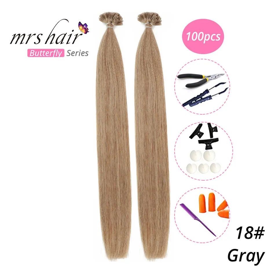 MRS HAIR, 1 г/шт., 14 дюймов, 16 дюймов, 20 дюймов, 24 дюйма, накладные волосы, прямые волосы Remy Nail, кератиновые человеческие волосы, 50 шт - Цвет: KUT18-100