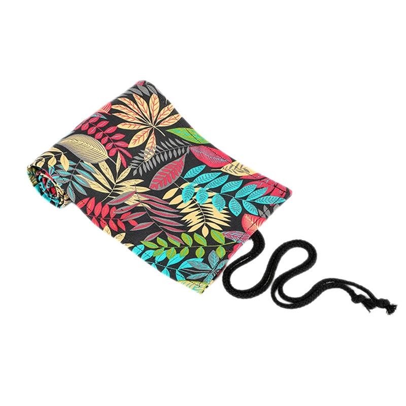 

Leaf Print Handmade Canvas Art Pen Curtain 72 Holes Large Capacity Pencil Case Color Lead Sketch Stationery Bag
