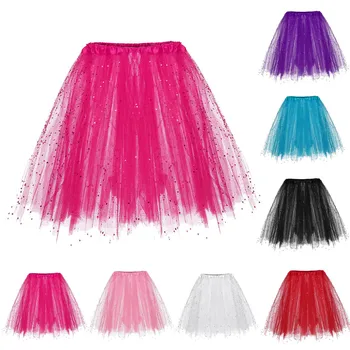 

7 Colors Skirts Womens Paillette Elastic 3 Layered Short Skirt Adult Tutu Dancing Skirt Spodnica