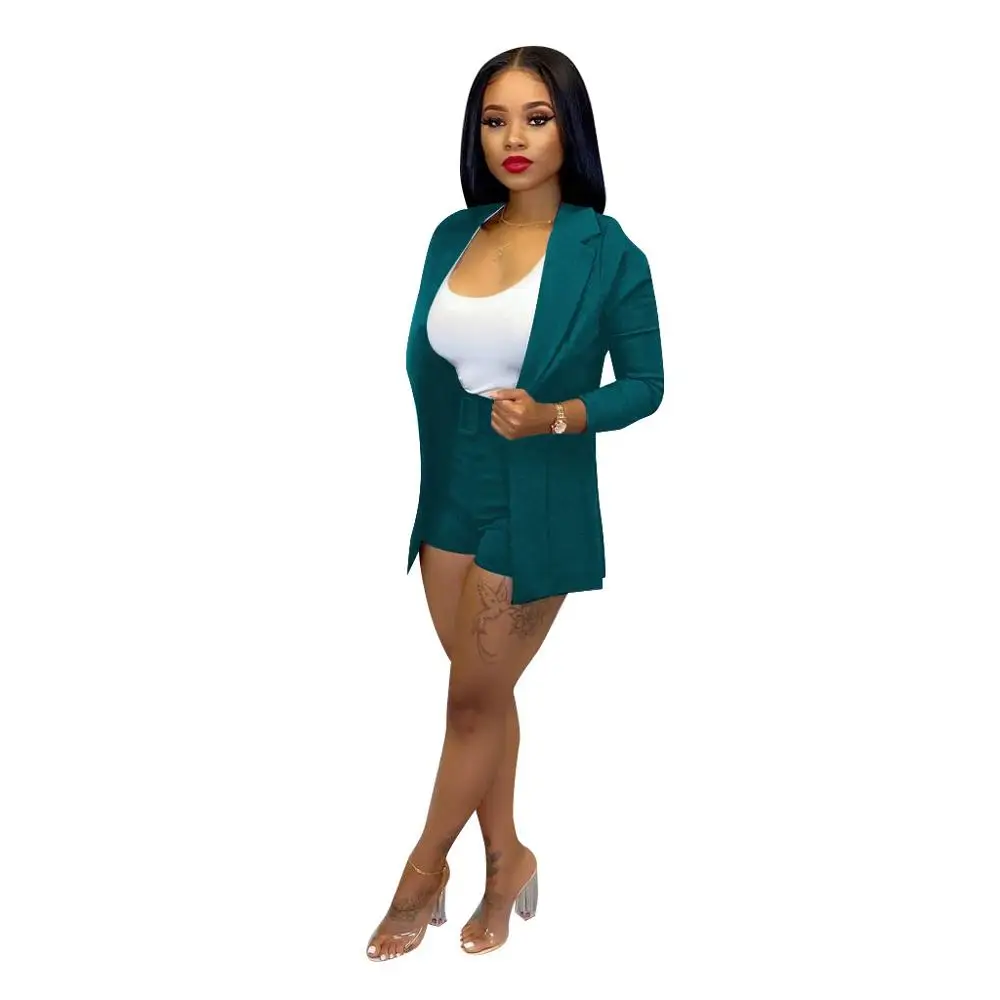 Women Office Business Suits Cardigan Blazer Coat And Shorts Slim Full Sleeve Two Piece Set Club Wear Outfits High Street Outwear - Цвет: blue suit