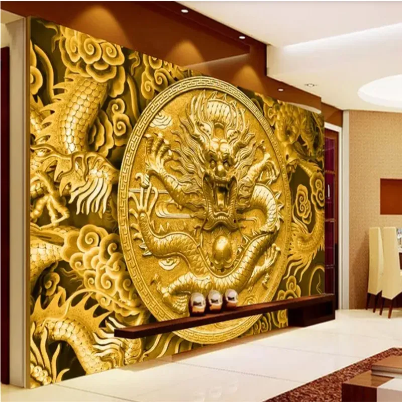 3D обои с тиснением Золотой резной китайский дракон фотообои для отеля ресторана