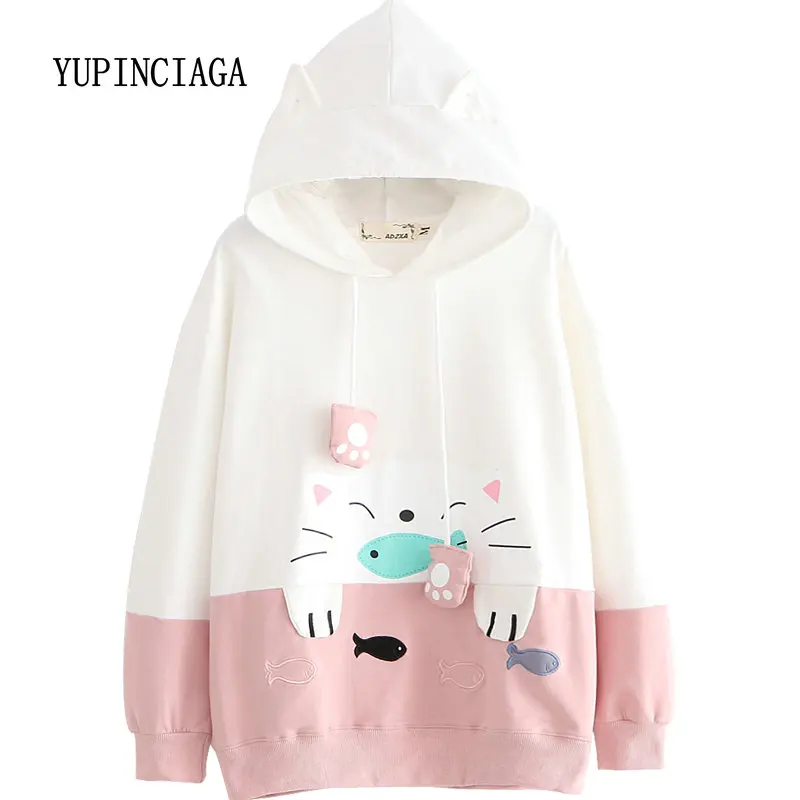 

YUPINCIAGA Women Hooded Sweatshirts Fall Winter Long Sleeve splice Pullover Femme Cartoon Cat eating fish Harajuku Hoodies