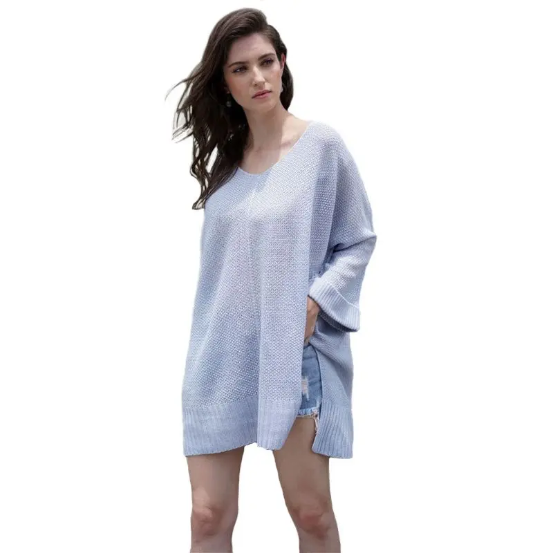 light blue Осень, женский свободный пуловер, свитер, кафтан, v-образный вырез, негабаритный трикотаж, джемпер, свободный рукав, вязанный весенний женский - Цвет: light blue