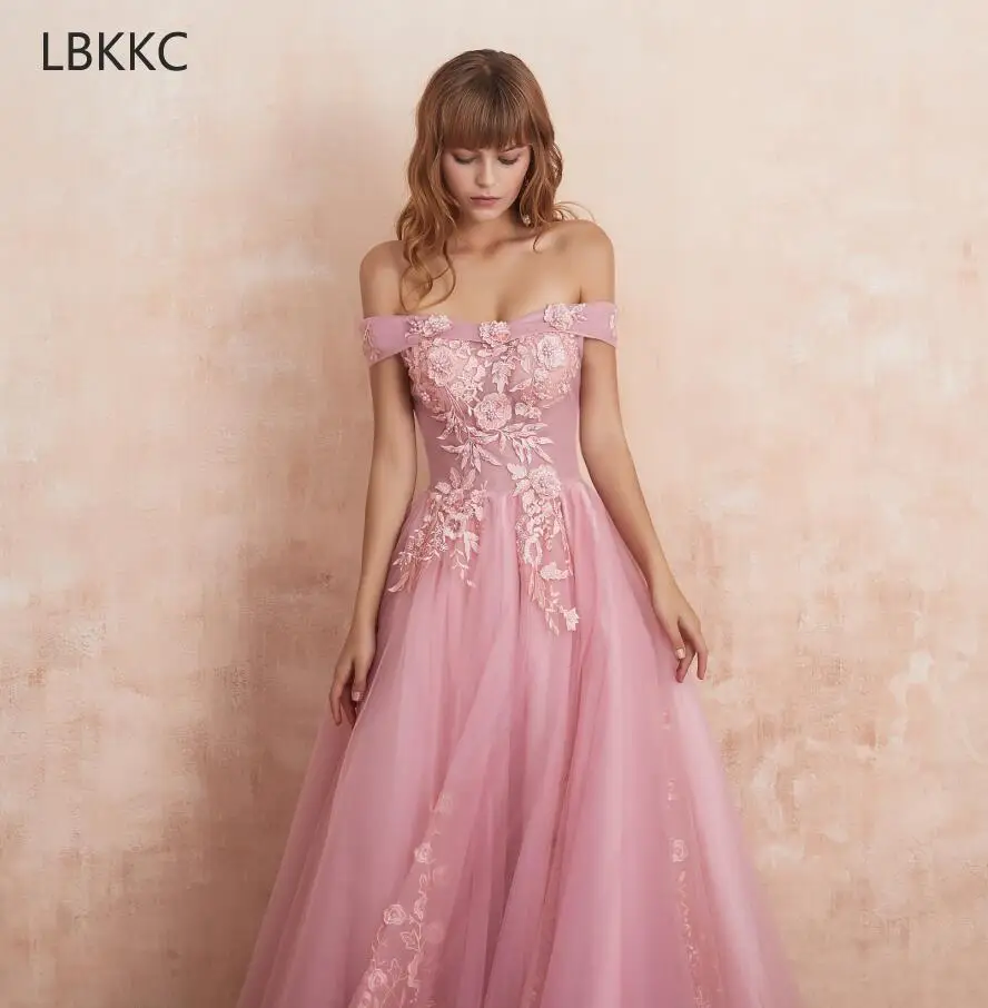 С открытыми плечами Bluch розовые платья для выпускного вечера Кружевные Аппликации длиной до пола Длинные вечерние платья для выпускного вечера Vestidos De Gala