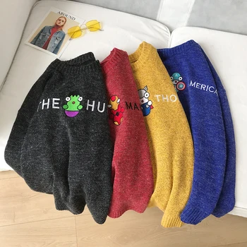 

Winter New Sweater Men Warm Fashion Cartoon Embroidery Solid Color Casual O-neck Knit Pullover Man Streetwear Wild Loose Sweater